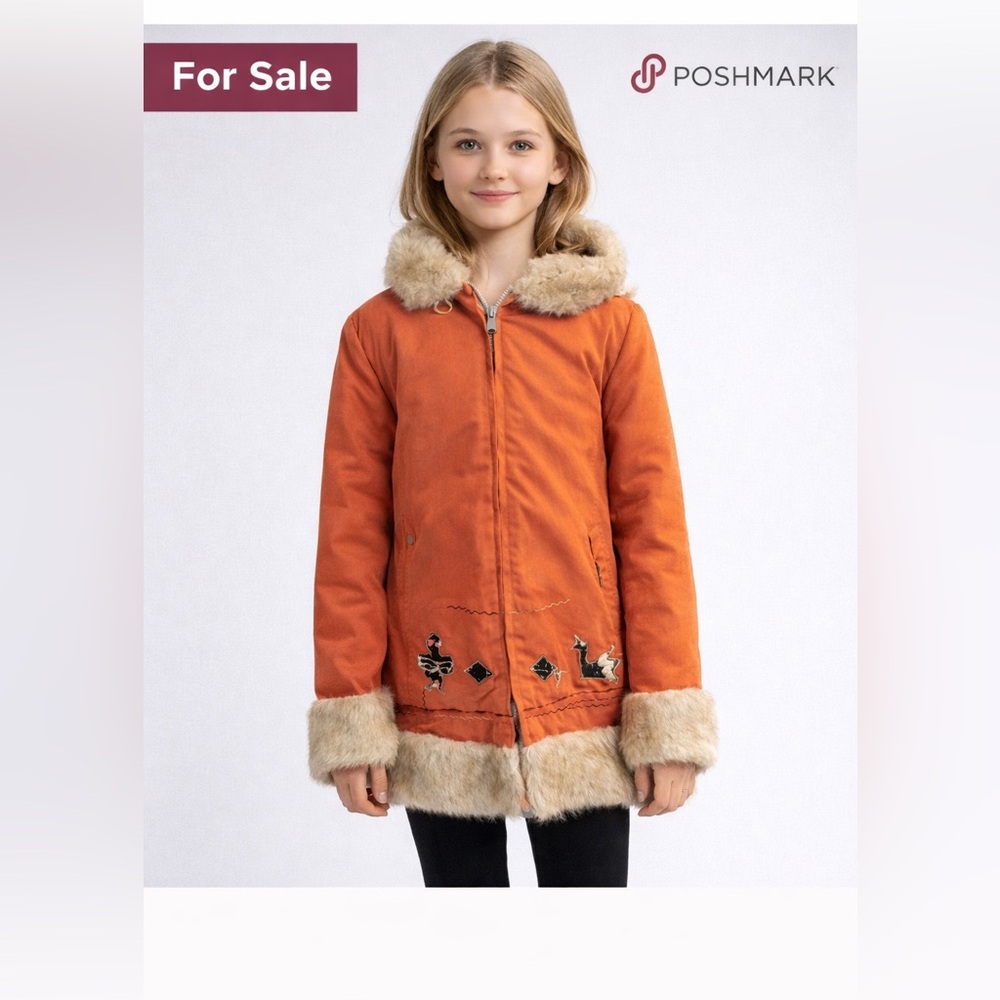 VINTAGE Orange Kids Coat with Fur Trim